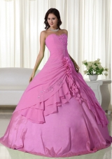 Rose Pink Sweetheart Chiffon Rose Pink Quinceanera Gowns with Flowers