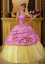 Strapless Beading and Flowers for Rose Pink and Yellow Quinceanera Dresses