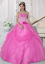 Strapless Cheap Rose Pink Sweet 15 Dresses with Flowers and Appliques