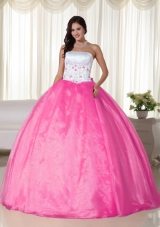 Strapless Organza Rose Pink Quinceanera Dress with Appliques