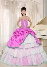 Sweetheart Pick-ups For Rose Pink and White Quinceanera Dress with Layers