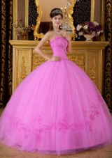 Sweetheart Tulle Appliques Rose Pink Quinceanera Gowns with Appliques