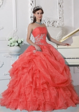 2014 Pretty Red Puffy Strapless Quinceanera Dress with Beading