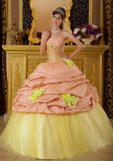 Baby Pink and Yellow Quincianera Dresses with Beading and Flowers