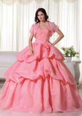 Discount Strapless Organza Hand Made Flowers Quinceanera Dress with Pick-ups