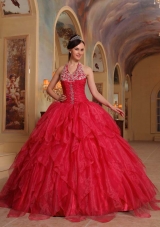 Exclusive Red Puffy Halter 2014 Embroidery Quinceanera Dresses with Ruffles