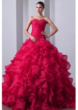 Hot Pink Princess Sweetheart Beading and Ruffles Quinceanea Dresses with Brush Train