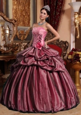 Pink Puffy Strapless Sweet 15 Dresses with Hand Made Flower and Pick-ups
