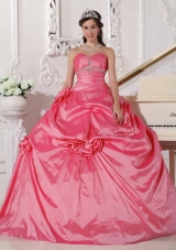 Pink Puffy Sweetheart Sweet Sixteen Dresses with Hand Made Flowers and Beading