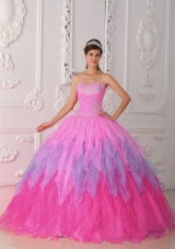 Pink Sweetheart Organza Quinceneara Dresses with Beading and Ruffles