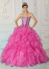 Pretty Strapless Organza Pink Quinceanera Gowns with Ruffles and Appliques