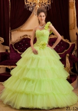 Princess One Shoulder Lime Green Quinceanera Dresses with Flowers and Layers