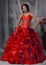 Red Spaghetti Straps Organza Beading and Ruffles Sweet Sixteen Dresses
