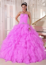 Sweet Strapless Organza Beading Pink Quinceanera Gowns with Ruffles