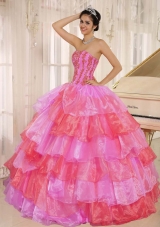 Customize Ruflfled Layers and Appliques For Hot Pink and Red Quinceanera Dress