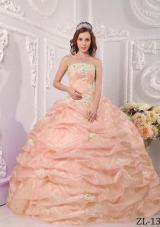 Exclusive Strapless Organza Sweet Sixteen Dresses with Appliques and Pick-ups