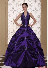 Halter Top Purple Quinceanera Gowns with Embroidery and Beading