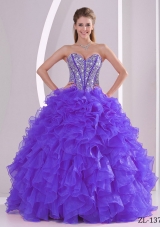 Purple Ball Gown Sweetheart Beaded Decorate Sweet 15 Dresses with Ruffles