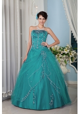 Turquoise A-line / Princess Strapsless Floor-length Tulle Quinceanera Dress