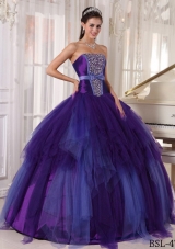 Ball Gown Strapless Tulle Purple Quinceneara Dresses with Beading