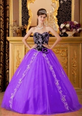 Purple and Black Princess Sweetheart Quinceanera Gowns with Appliques