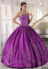 Purple Puffy Strapless Sweet 16 Dresses with Embroidery