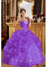 Purple Strapless Embroidery Organza Sweet Sixteen Dresses with Pick-ups