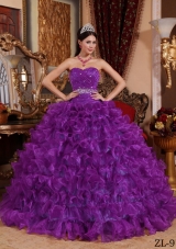 Purple Sweetheart Organza Quinceanera Gowns with Beading and Ruffles