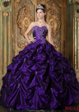 Purple Sweetheart Taffeta Quinceanera Gowns with Appliques and Pick-ups