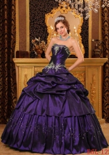 Remarkable Strapless Taffeta Purple Quinceaneras Dresses with Appliques and Pick-ups