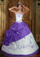 Strapless Purple and White Quinceanera Gowns with Embroidery and Pick-ups