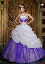 White and Purple Princess Halter Quinceanera Gowns with Beading and Pick-ups