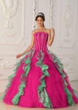 Coral Red and Green Ball Gown Strapless Quinceanera Dress with  Appliques Beading