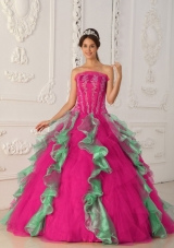 Coral Red and Green Ball Gown Strapless Quinceanera Dress with Appliques Beading