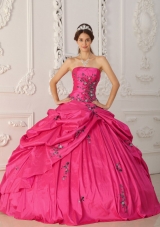Coral Red Ball Gown Strapless Quinceanera Dress with Taffeta Appliques