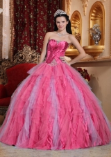 Coral Red Ball Gown Sweetheart Quinceanera Dress with Tulle Beading