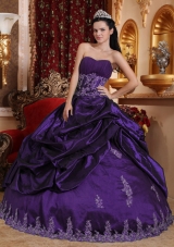 Dark Purple Ball Gown Sweetheart Appliques Quince Dresses with Pick-ups