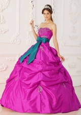 Fuchsia Ball Gown Strapless Quinceanera Dress with Taffeta Beading