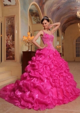 Hot Pink Ball Gown Spaghetti Straps Quinceanera Dress with Organza Embroidery