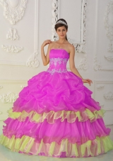 Hot Pink Ball Gown Strapless Quinceanera Dress with Organza Beading Ruffles