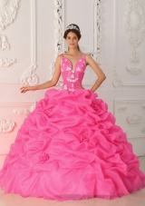Hot Pink Ball Gown Straps Quinceanera Dress with  Organza Appliques