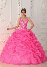 Hot Pink Ball Gown Straps Quinceanera Dress with Organza Appliques