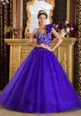 Purple A-line One Shoulder Beading and Hande Made Flowers Dresses For 15