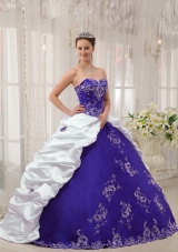 Purple and White Sweetheart Embroidery Quinceanera Dress with Pick-ups