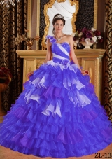 Purple Ball Gown One Shoulder Ruffled Layers and Beading Quinceanera Dress