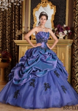 Purple Princess Strapless Organza Appliques Quinceanera Gowns with Pick-ups