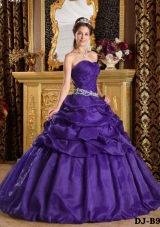Purple Princess Strapless Quinceanera Gowns with Appliques and Pick-ups
