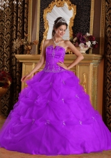 Purple Princess Strapless Tulle Quinceanera Gowns with Pick-ups
