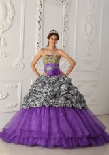 Purple Strapless Chapel Train Zebra Sweet 16 Dresses with Appliques and Pick-ups