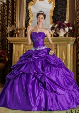 Purple Strapless Discount Quinceanera Gowns with Beading and Pick-ups
